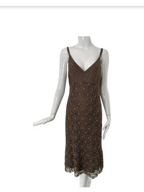 Carmen Marc Valvo Brown Open Work Rayon Crochet Glass Beaded Slip Dress Med.